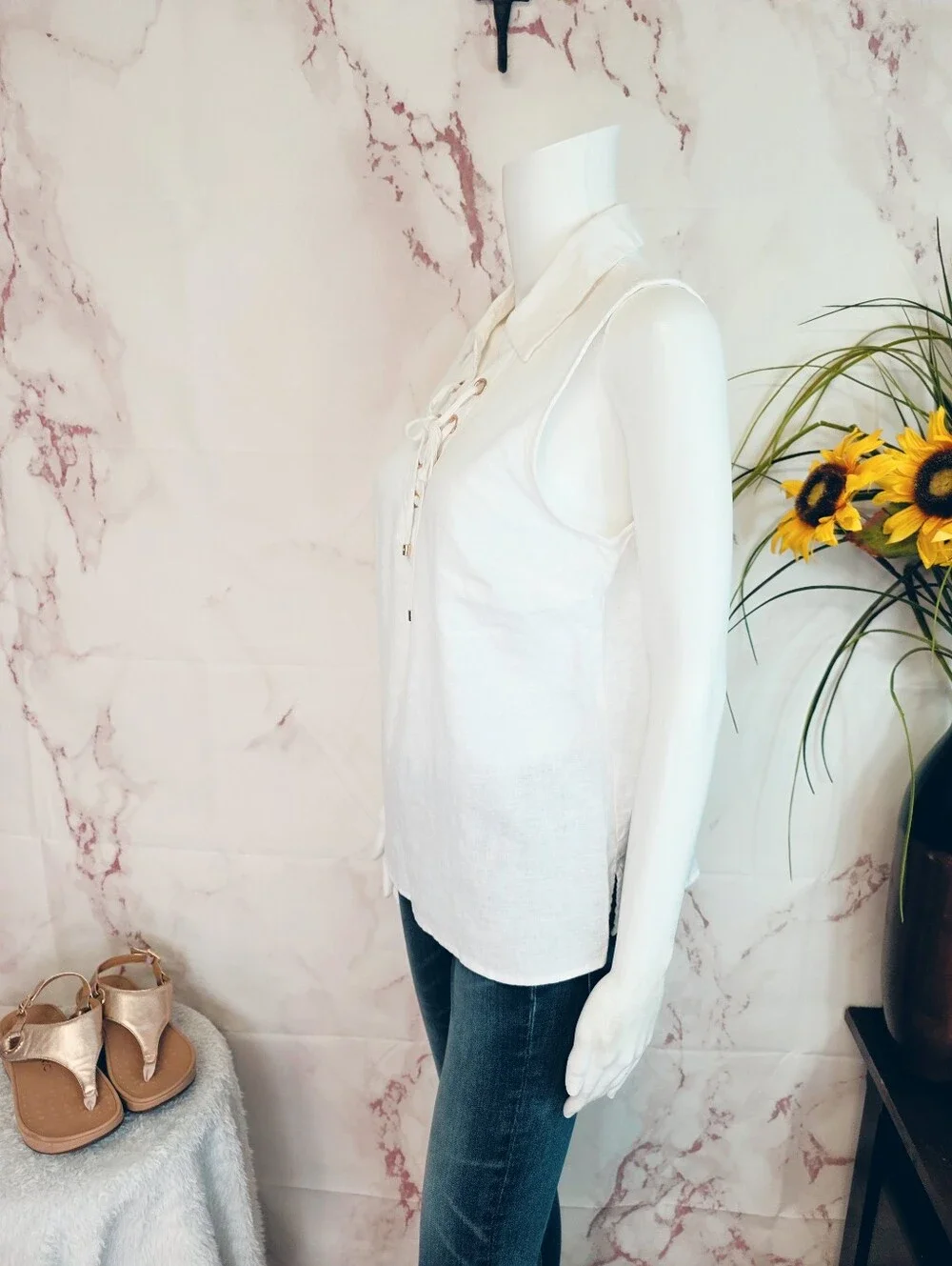 Michael Kors White Linen Blend Lace Up Sleeveless Top Medium